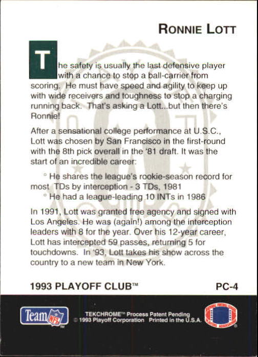 1993 Playoff Club #PC4 Ronnie Lott back image