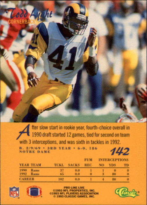 1993 Pro Line Live #142 Todd Lyght back image