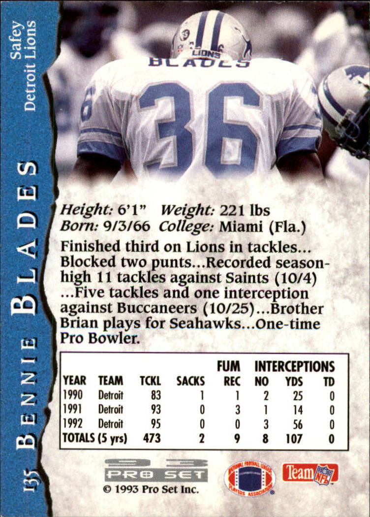 1993 Pro Set #135 Bennie Blades back image