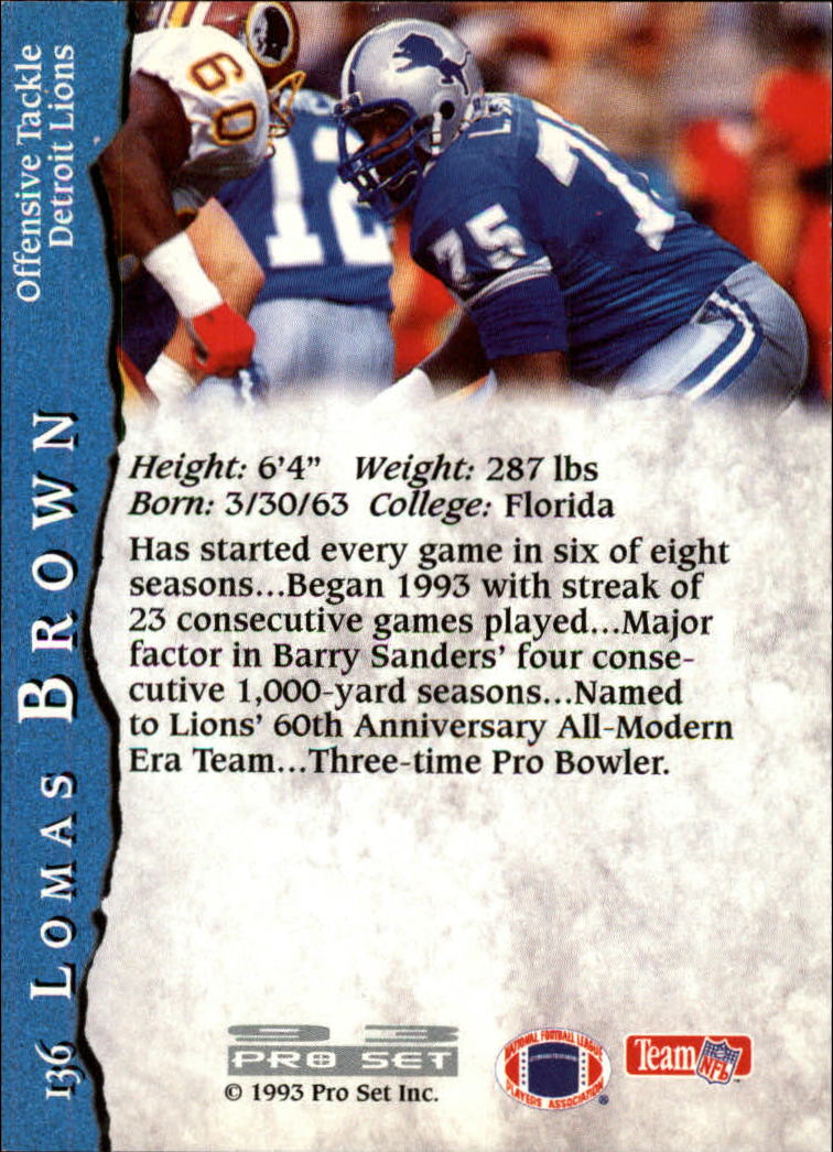 1993 Pro Set #136 Lomas Brown back image