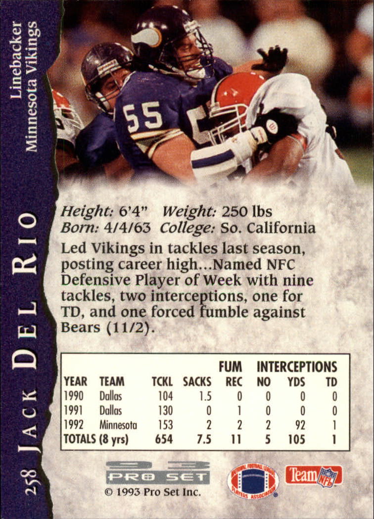 1993 Pro Set #258 Jack Del Rio back image