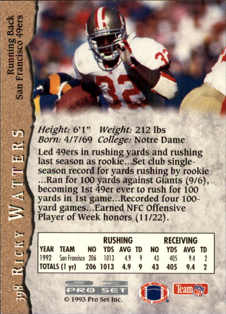 1993 Pro Set #398 Ricky Watters back image