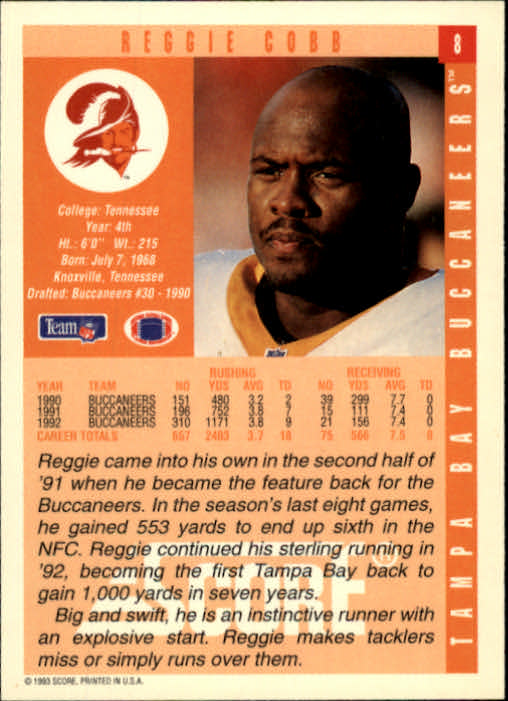 1993 Score #8 Reggie Cobb back image
