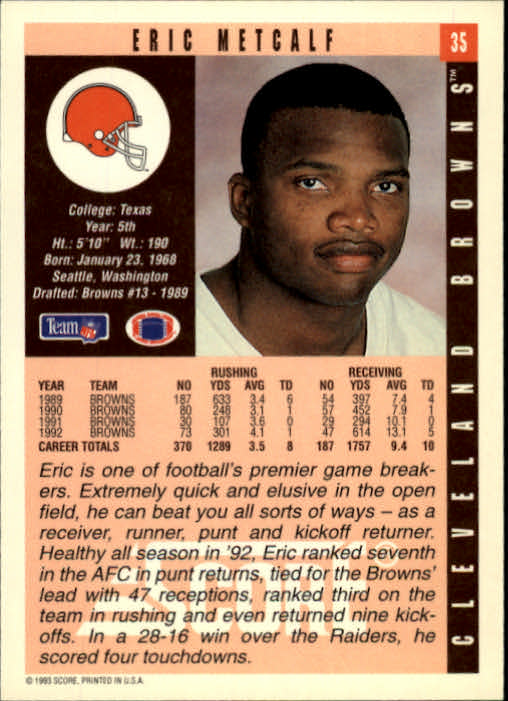 1993 Score #35 Eric Metcalf back image