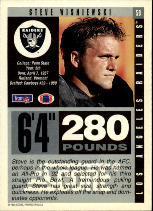 1993 Score #50 Steve Wisniewski back image