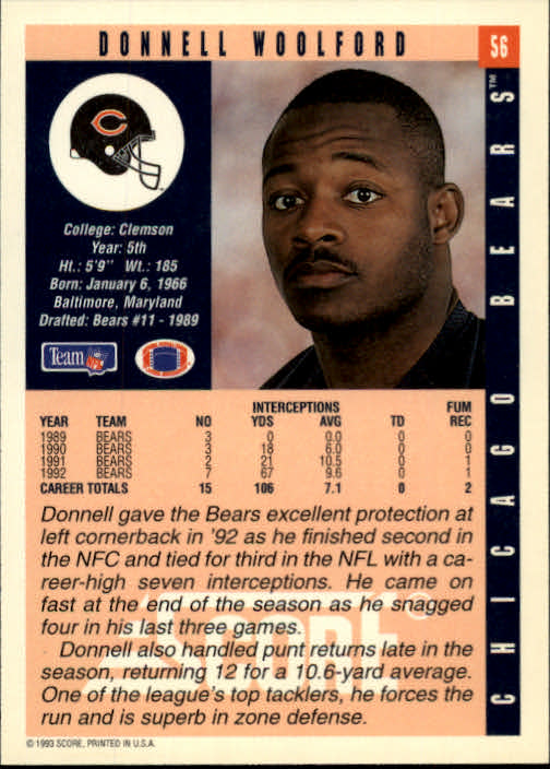 1993 Score #56 Donnell Woolford back image