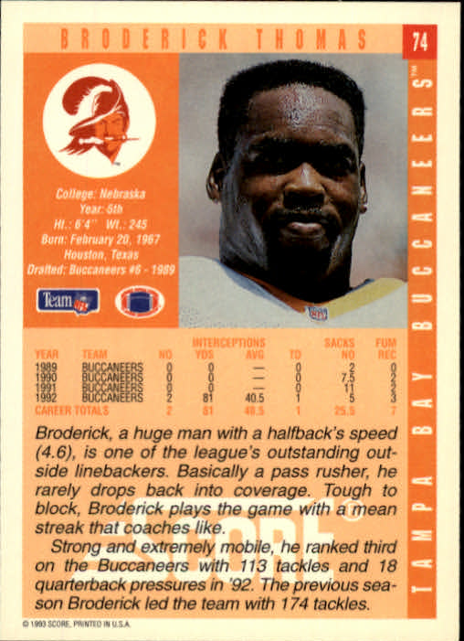 1993 Score #74 Broderick Thomas back image
