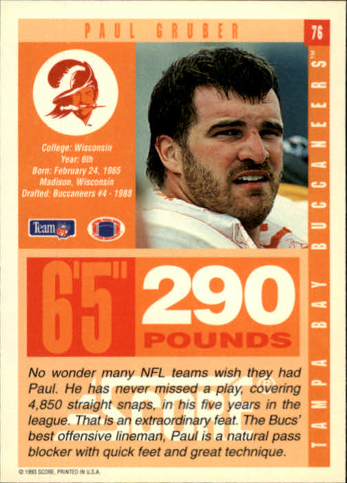 1993 Score #76 Paul Gruber back image