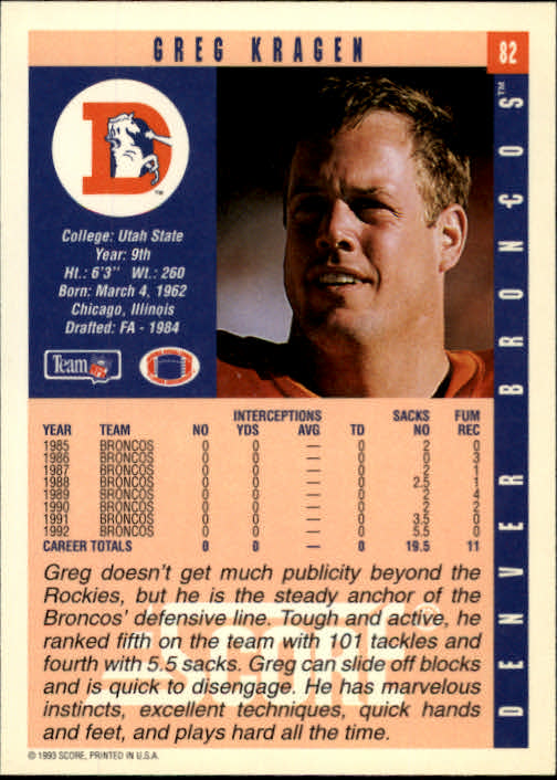 1993 Score #82 Greg Kragen back image