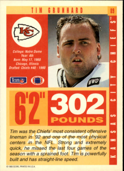 1993 Score #89 Tim Grunhard back image