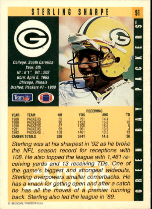 1993 Score #91 Sterling Sharpe back image