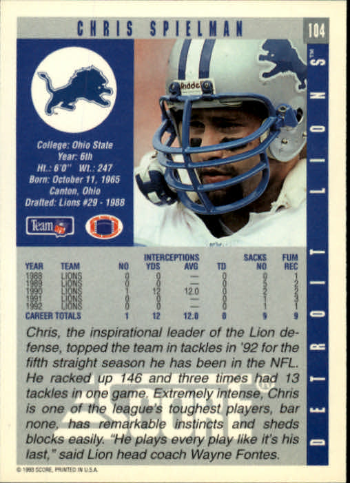 1993 Score #104 Chris Spielman back image