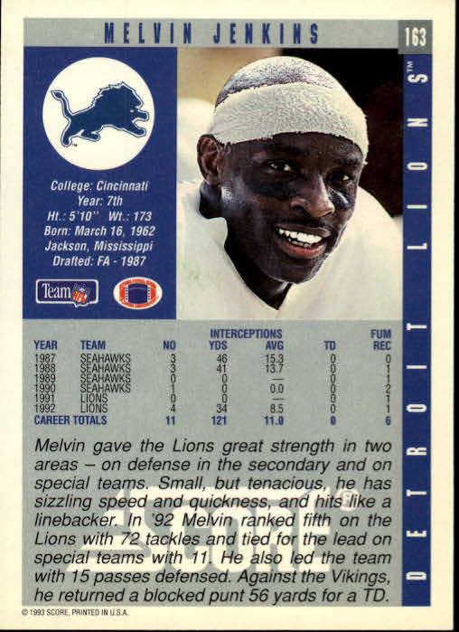 1993 Score #163 Melvin Jenkins back image