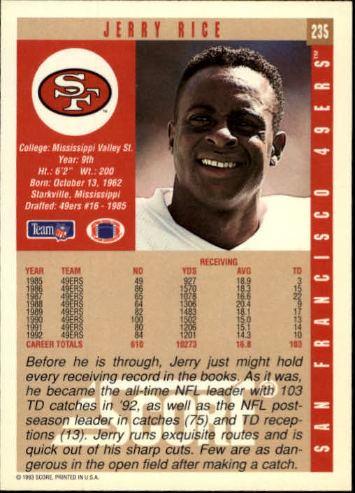 1993 Score #235 Jerry Rice back image