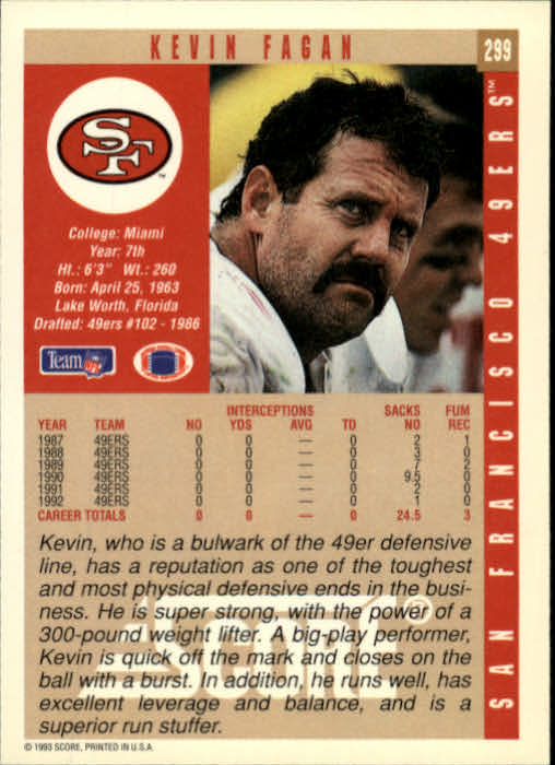 1993 Score #299 Kevin Fagan back image