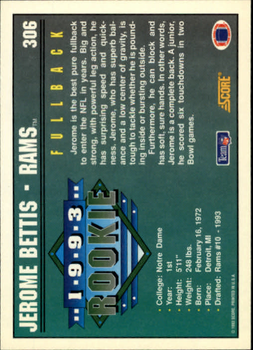 1993 Score #306 Jerome Bettis RC back image