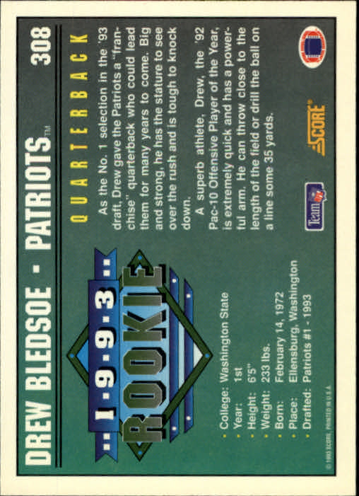 1993 Score #308 Drew Bledsoe RC back image