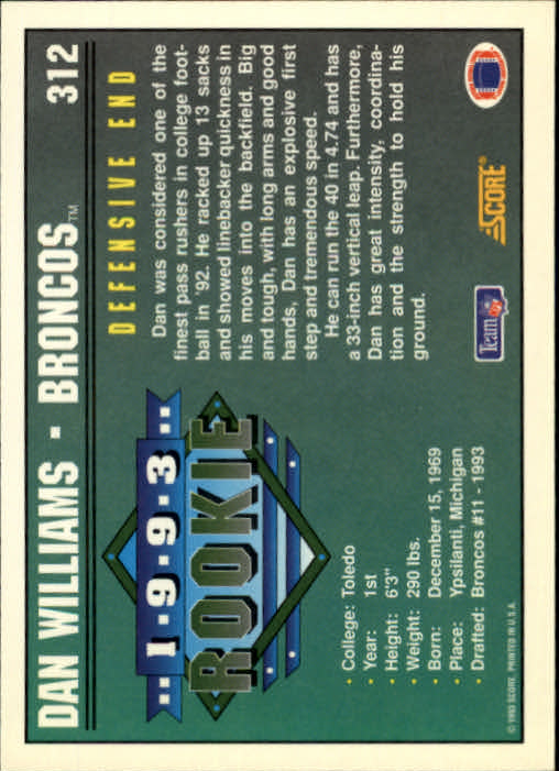 1993 Score #312 Dan Williams RC back image
