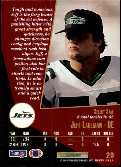 1993 Select #20 Jeff Lageman back image