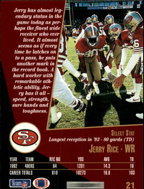 1993 Select #21 Jerry Rice back image
