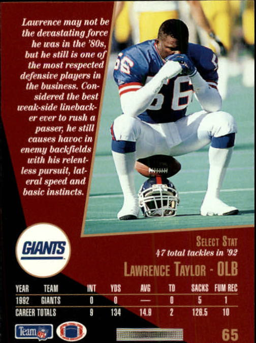 1993 Select #65 Lawrence Taylor back image