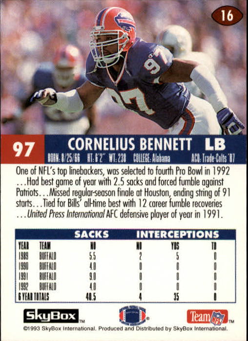 1993 SkyBox Impact #16 Cornelius Bennett back image