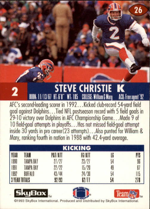 1993 SkyBox Impact #26 Steve Christie back image