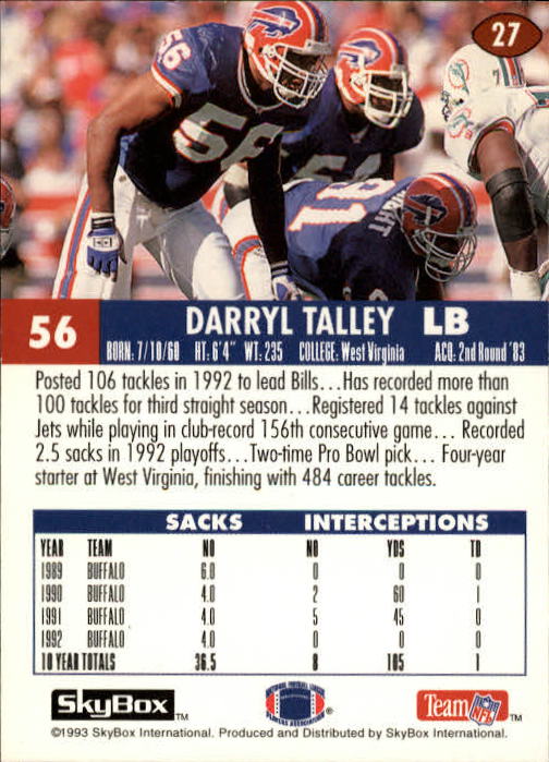 1993 SkyBox Impact #27 Darryl Talley UER/(Name misspelled/Darrell on front) back image