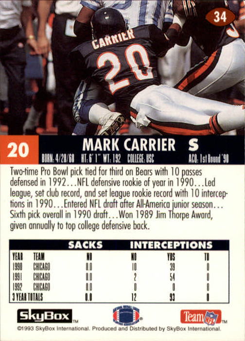 1993 SkyBox Impact #34 Mark Carrier DB back image