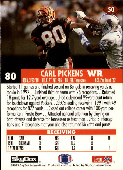 1993 SkyBox Impact #50 Carl Pickens back image