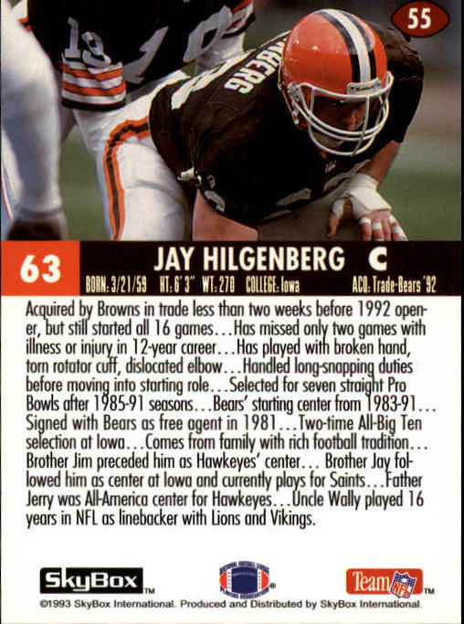 1993 SkyBox Impact #55 Jay Hilgenberg UER/(Name misspelled/Hilgenburg on front) back image