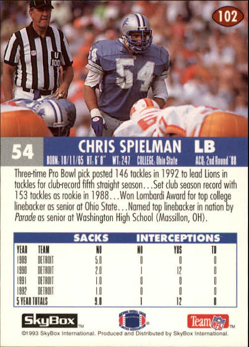 1993 SkyBox Impact #102 Chris Spielman back image