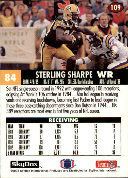 1993 SkyBox Impact #109 Sterling Sharpe back image