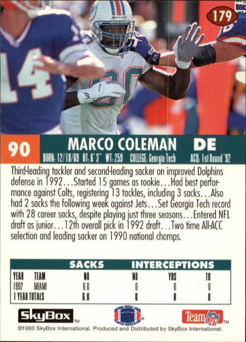 1993 SkyBox Impact #179 Marco Coleman back image