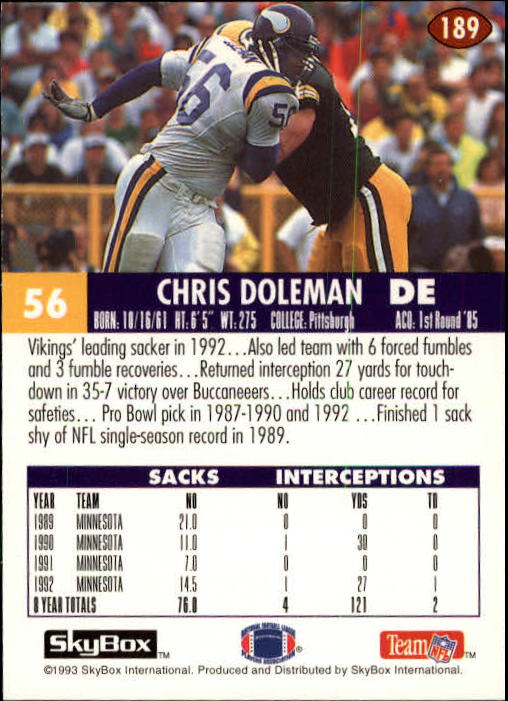 1993 SkyBox Impact #189 Chris Doleman back image