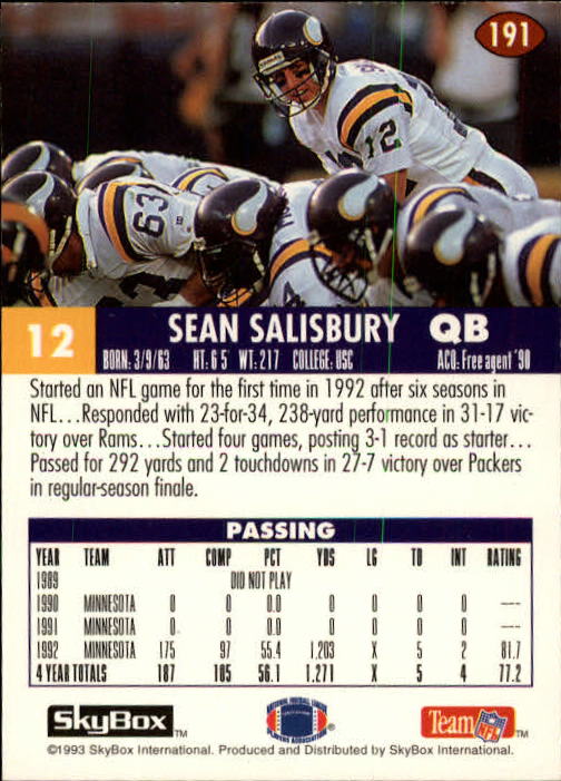 1993 SkyBox Impact #191 Sean Salisbury back image