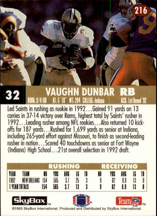 1993 SkyBox Impact #216 Vaughn Dunbar back image