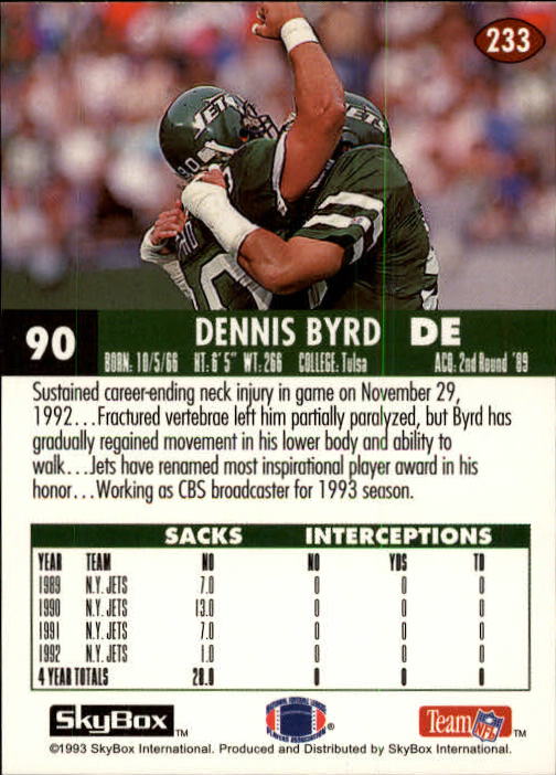 1993 SkyBox Impact #233 Dennis Byrd back image