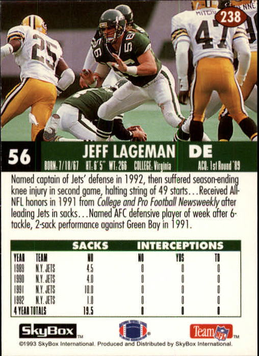 1993 SkyBox Impact #238 Jeff Lageman back image