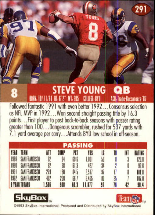 1993 SkyBox Impact #291 Steve Young back image