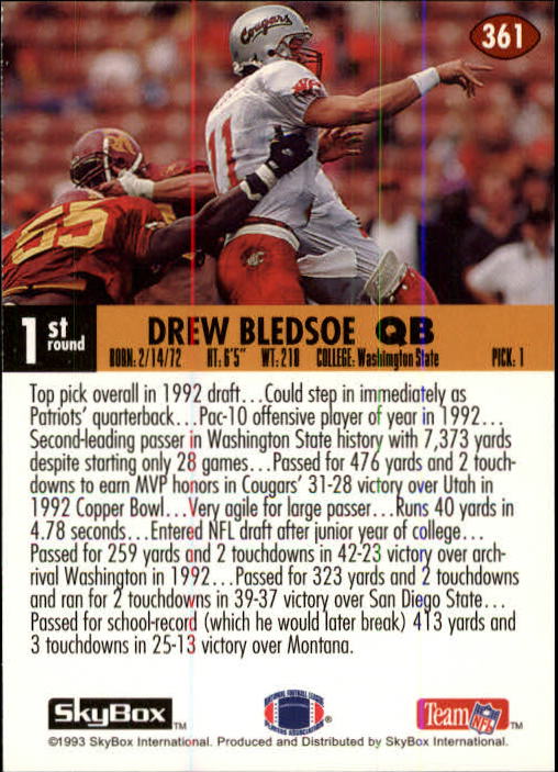 1993 SkyBox Impact #361 Drew Bledsoe RC/Text indicates drafted/in 1992; should be 1993 back image