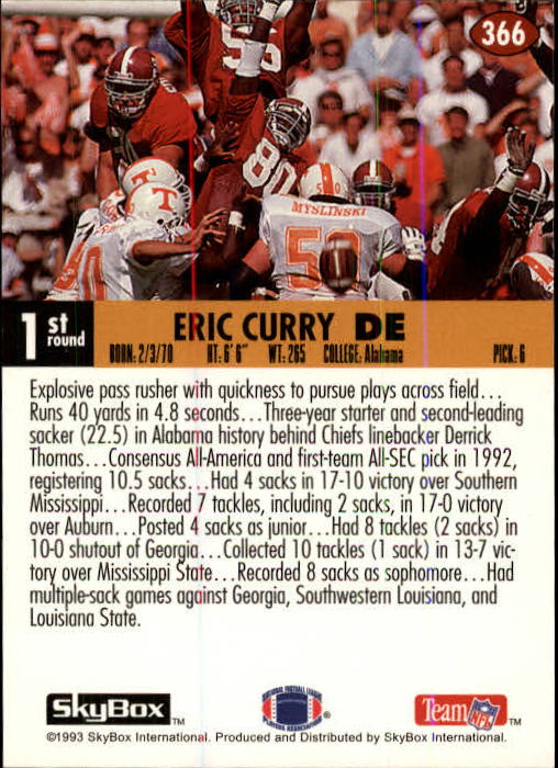 1993 SkyBox Impact #366 Eric Curry RC back image