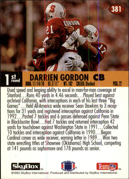 1993 Skybox Impact Football "Main Set" Base Cards #201 to #400 - Picture 363 of 399