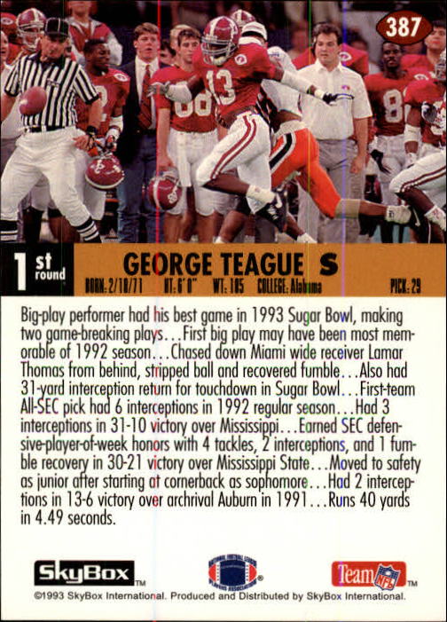 1993 SkyBox Impact #387 George Teague RC back image