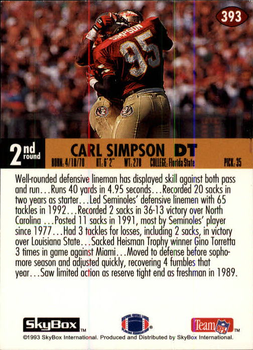 1993 Skybox Impact Football "Main Set" Base Cards #201 to #400 - Picture 387 of 399