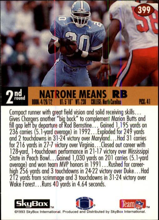 1993 SkyBox Impact #399 Natrone Means RC back image