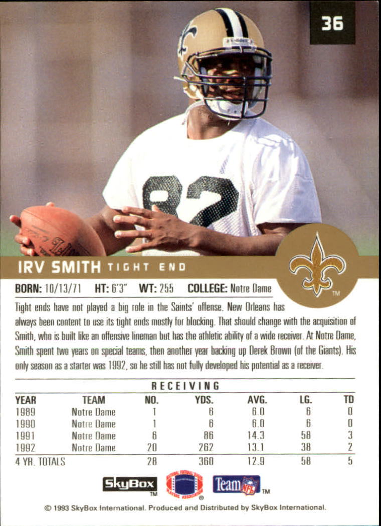 1993 SkyBox Premium #36 Irv Smith RC back image
