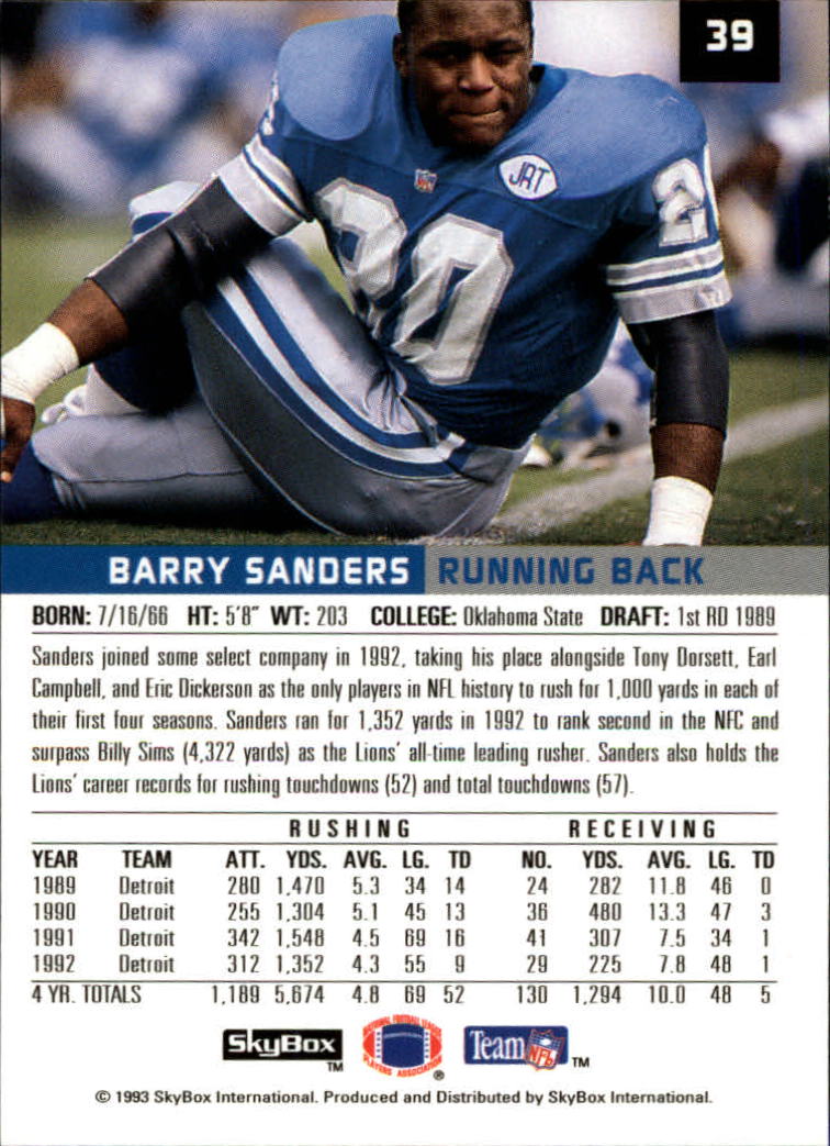 1993 SkyBox Premium #39 Barry Sanders back image