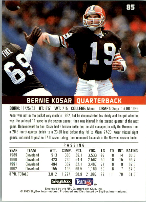 1993 SkyBox Premium #85 Bernie Kosar back image