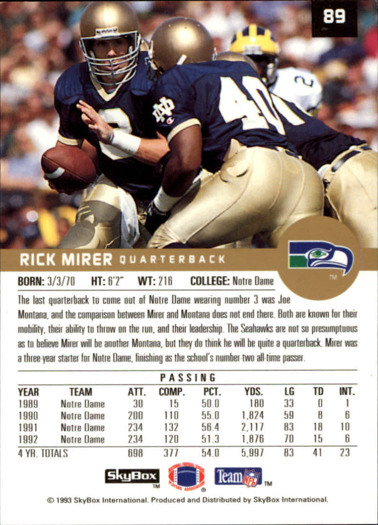 1993 SkyBox Premium #89 Rick Mirer RC back image